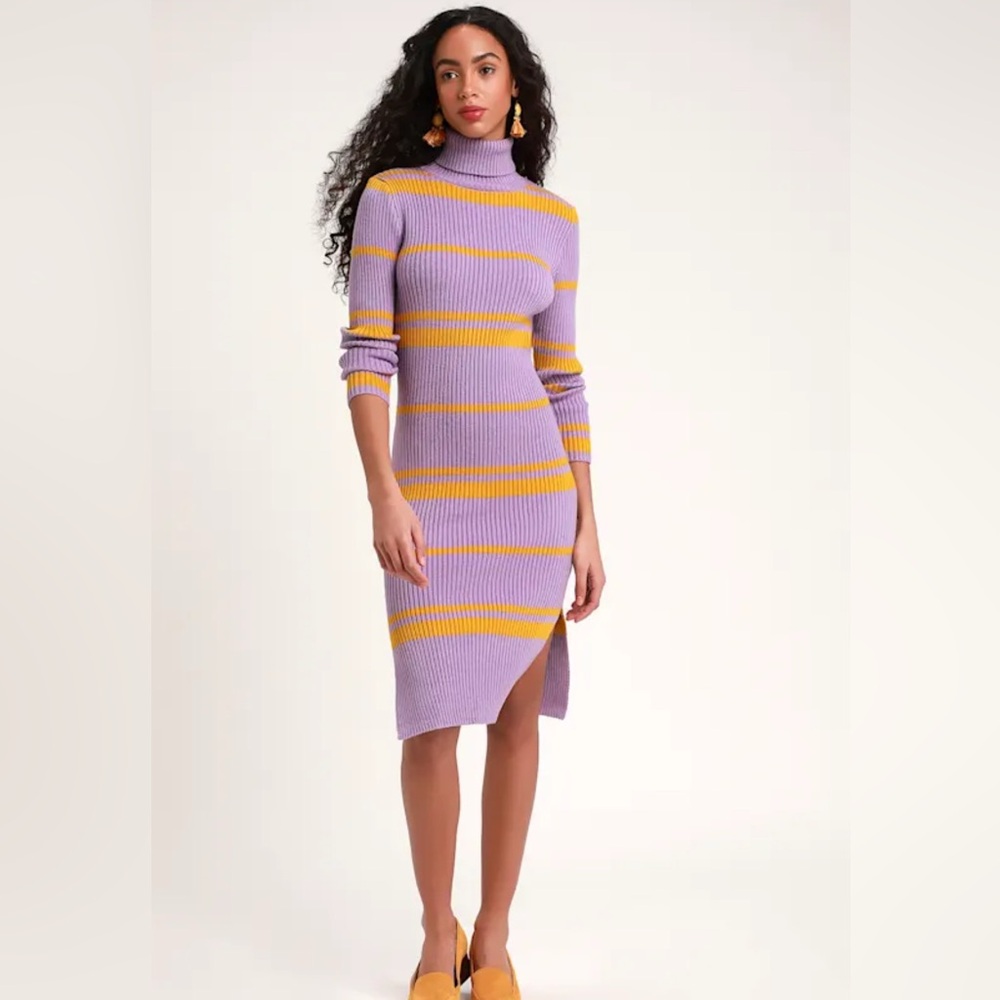 Moon River Julissa Lavender Striped Turtleneck Sweater Dress